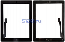 Сенсорное стекло (тачскрин) для iPad 3/ 4 в сборе с кнопкой Home + 3M скотч, черное