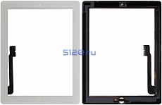 Сенсорное стекло (тачскрин) для iPad 3/ 4 в сборе с кнопкой Home + 3M скотч, белое